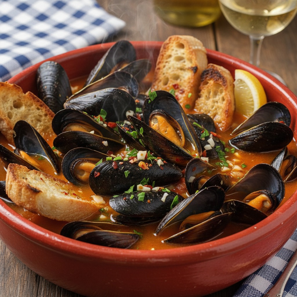 Una zuppa di cozze fumante guarnita con prezzemolo, servita in una ciotola di terracotta con fette di pane tostato e una fettina di limone.